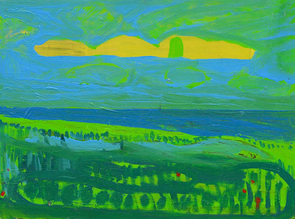 Abstract landscape painting. Vivid green fields and a blue horizon under a yellow sky. The use of bold brushstrokes creates a sense of movement and energy, portraying a tranquil yet vibrant natural setting.