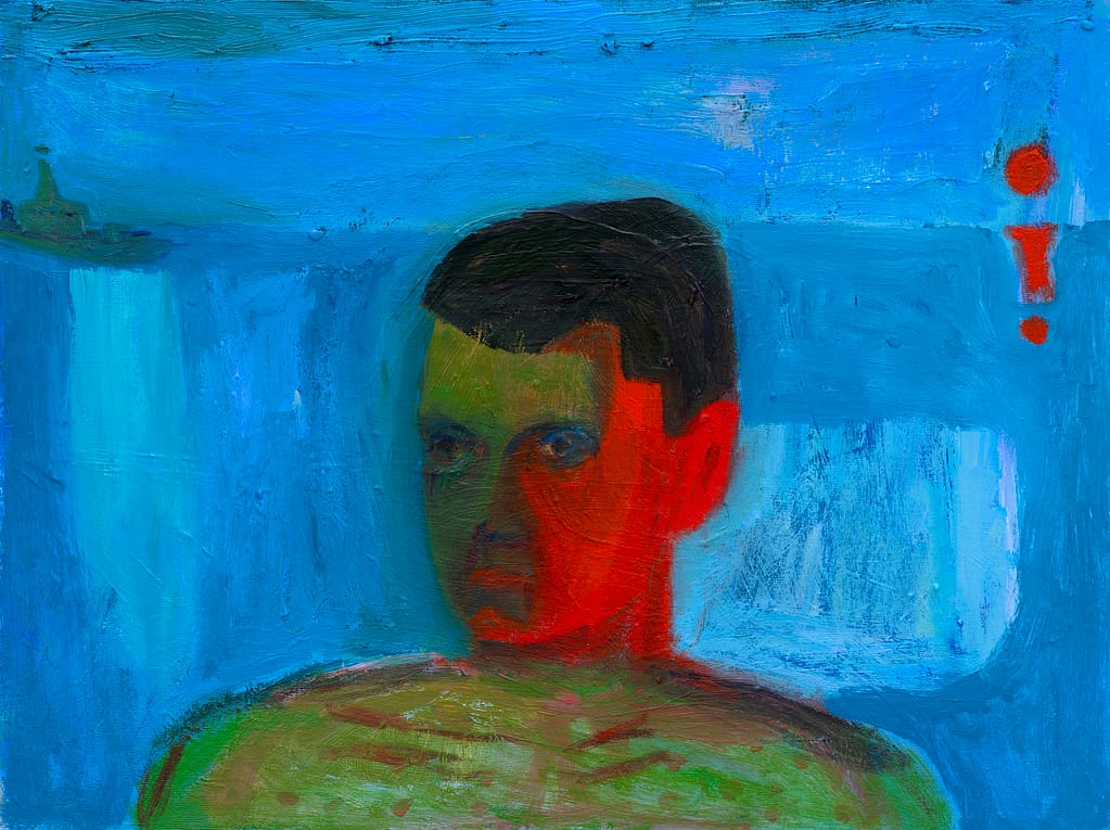 A self-portrait of Axel Linderholm, titled Matros. Behind Axel there is a red sunset, contrasting with the blue shades of the sea.