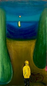 This evocative painting features a person in a yellow raincoat standing before two tall green trees, gazing toward a calm sea at dusk. A glowing light hangs over the horizon, with its reflection shimmering on the water, creating a peaceful yet haunting atmosphere. A bicycle lies on the ground behind the figure, adding a subtle narrative element that hints at a journey or pause in contemplation.