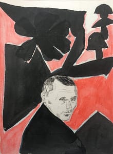 Abstract drawing in black, white and red. A man is looking over his shoulder. He has a friendly and thoughtful expression. Behind him are black geometrical shapes.