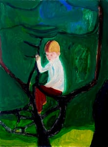 Painting of a young boy with blonde hair, sitting in the branches of a dark tree against a dense green forest background. The boy is dressed in a white shirt and red pants, gazing downward in contemplation, surrounded by deep, shadowy greens.