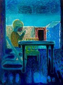 Surreal interior scene depicting a boy seated at a table in vibrant, cool tones of blue, yellow, and green, with abstract details of a window and distant room, capturing a dreamlike atmosphere.