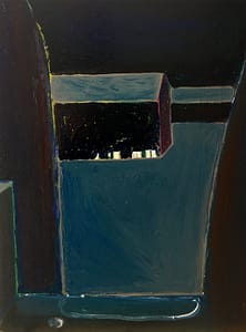 Abstract painting featuring a dark blue and black geometric structure. A central rectangular shape with vertical lines evokes a minimalist architectural form. First work in triptych.