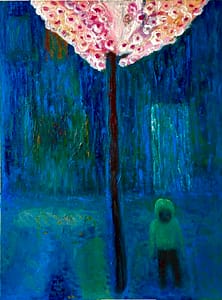A surreal painting dominated by deep blue and teal hues, with a textured background suggesting a mysterious, almost ethereal atmosphere. The centerpiece is a tall, slender tree with a pink, blossom-like canopy full of intricate patterns. Below it, a small human figure dressed in greenish-blue, almost blending into the background, creates an eerie, dreamlike effect. The painting evokes feelings of isolation and wonder in an abstract environment.