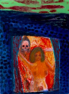 An abstract expressionist piece, this painting showcases a woman with her arms raised in an enclosed, fiery red and orange room. Her nude form is contrasted against the deep blue and green surroundings. Above her head, a ghostly skull hovers, watching over her like a specter, adding a sense of danger or looming fate to the vibrant, chaotic scene. The textures and bold colors evoke strong emotions of passion, fear, and existential contemplation.