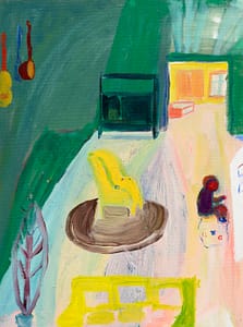 Vibrant abstract painting of a cozy room interior with bright yellow armchair and child playing - Colorful Art, Modern Home Decor