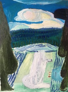 Vivid landscape with sweeping hills, tall trees, and expansive sky painted in textured blues, greens, and whites, offering a peaceful yet dynamic view of nature, reminiscent of a Scandinavian setting.