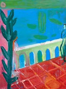 A painting of Axel Linderholm, depicting a man and woman on a balcony during an indian summer night, inspired by Richard Berger's style.