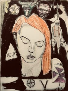 Abstract drawing in mainly black and white. It portrays the head, shoulders and arm of a girl with orange hair. On her arm and above her head are shapes of wolves, a cat, men and geometrical forms.