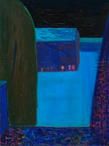 An abstract painting titled 'Parkinglot II', with vibrant hues of red, blue, and green, representing an urban parking lot scene. 2nd work of triptych.