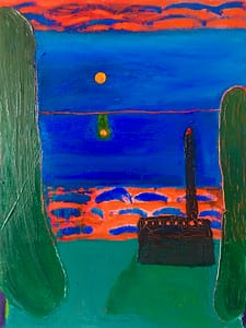 Abstract sunset landscape with a bright blue ocean and a yellow moon reflecting on the water. Dark silhouettes of towering green shapes frame the scene, while a mysterious black structure stands in the center, adding depth to the vivid orange and blue sky.