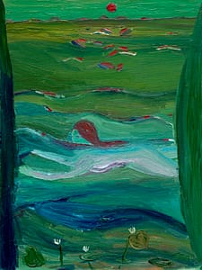 Abstract representation titled 'Zwemster' depicting a swimmer in dynamic motion, dominated by green hues, with flowing water and patches of red highlights, possibly representing flowers or leaves, bordered by tall vertical elements and a setting sun in the distance.