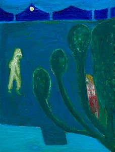 Abstract painting of a park scene at night, featuring a moonlit sky with deep blue tones. A ghostly figure walks across a green landscape with large, mysterious plant shapes in the foreground. A person in red peeks out from behind the foliage.