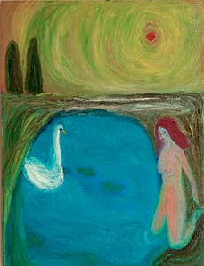Expressionist painting featuring a nude woman standing in a blue lake with a swan nearby, set against a swirling yellow-green sky. The serene scene blends natural elements with dreamlike qualities, evoking symbolism and calm.