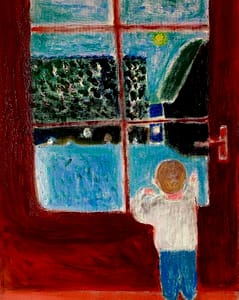 Abstract painting of a boy in a white blue outfit against the background of a vibrant, red door with a window. The boy is pointing at the moon outside.
