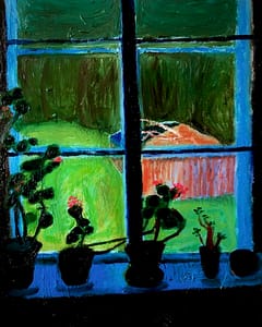 Colorful painting of potted plants on a windowsill, overlooking a vibrant green garden with a wooden structure in the distance. The scene is framed by a glowing blue window.