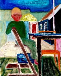 Abstract painting of a seated boy in a green outfit against a vibrant, textured background, featuring a wooden chair and a table with a blue table top, near a window with contrasting colors.