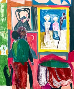 Colorful abstract painting of Axel Linderholm. Two figures are standing in front of artwork in a gallery setting, with bold geometric patterns, vibrant shapes, and framed portraits of two women in the background.