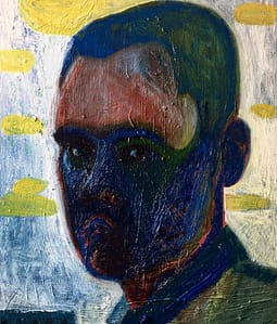 Abstract self-portrait of Axel Linderholm with expressive dark tones, depicting a figure in shades of blue and red against a textured background. Bright yellow clouds contrast the figure's somber expression, creating a vivid juxtaposition.