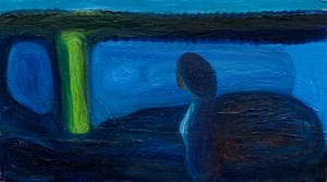 Abstract painting featuring a figure gazing out of a window with blue and green hues. The scene highlights the contrast between a glowing moonbeam and the shadowed surroundings, giving the composition a dreamlike, meditative feel.