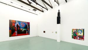 Contemporary art gallery installation in W139, featuring a large abstract sculpture by Landzbergas and vibrant paintings (titled Demokles and Boijmans) by Axel Linderholm on white walls.