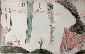 Abstract drawing in black, white, red and green, with an ominous and oppressive atmosphere. A wild animal, probably a fox or a wolf, approaches the viewer. It walks away from a naked girl, who looks scared. She is standing in a desolate nocturnal landscape.