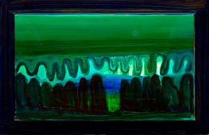 Abstract painting by Axel Linderholm in shades of green, featuring wave-like patterns and a dark frame. Modern, expressionist artwork from 2022.