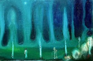 A dark painting by Axel Linderholm, depicting trees and figures, evoking a mysterious atmosphere in an alternative space.