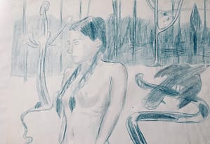 Abstract drawing in grey and white of a naked girl. Two braids are hanging over her breasts. In the background there is a bird and geometrically shaped trees.