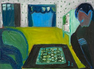 Vivid abstract painting of an indoor scene featuring a chessboard on a black table. A figure with dark blue hair and clothing is on the right side, appearing to contemplate the game. The room is decorated with blue curtains, green furniture, and patterned wallpaper, evoking a calm and reflective holiday mood.