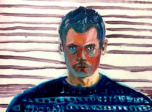 Colorful self-portrait of Axel Linderholm with a serious expression. He wears a blue patterned sweater, standing in front of a background with horizontal maroon stripes. His face is painted in vibrant reds and blues.