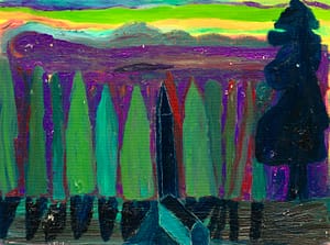 Colorful Abstract Forest Painting with Tall Trees and Dark Silhouette. Modern artwork featuring vibrant green, blue, purple, and yellow hues, depicting a surreal forest scene with distinct brush strokes and rich textures. Ideal for art enthusiasts and contemporary decor.