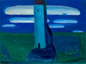 Serene landscape painting featuring a tall blue tower standing near a pond, with a deep blue sky and white clouds in the background. A minimalist style with rich, bold colors evokes tranquility and mystery.
