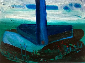 Abstract painting of a tall blue structure with a dark base set on a green and blue textured background, featuring scattered red and blue plant-like shapes in the foreground.