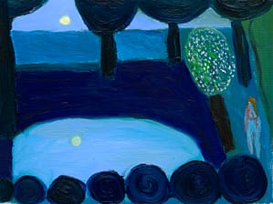 A textured painting by Axel Linderholm, depicting a nighttime scene with trees, a moon, water, and a person.