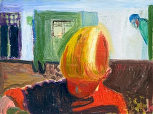 Colorful abstract painting of a young boy with blonde hair and a red shirt. The boy's head is bent down, focusing on an unseen object in front of him, while the background features a green wall and a figure peeking in from the right side. The artwork conveys a quiet, introspective moment with vibrant brushstrokes.