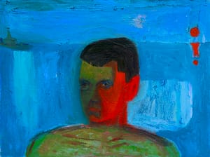 A self-portrait of Axel Linderholm, titled Matros. Behind Axel there is a red sunset, contrasting with the blue shades of the sea.
