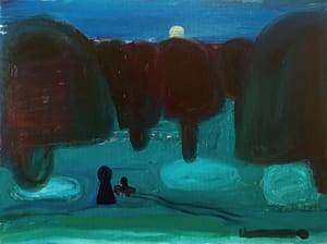 Ethereal night landscape with dark trees and a distant moon, featuring a toy car riding away from a corpse in a park-like setting, evoking a somber and reflective mood through rich blues and muted greens.