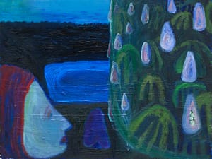 Surrealist painting featuring a human profile on the left facing a green tree-like structure adorned with teardrop shapes. The background transitions into deep blue hues, evoking a dreamlike landscape.