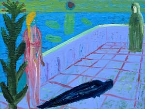 Vivid painting of a surreal scene by the water, featuring a blonde figure in a pink dress standing next to a plant, with a dark, shadowy figure lying on a tiled floor and another green-cloaked figure in the distance.