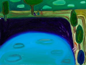 Vivid painting of a serene pond with bright blue water, surrounded by a park. Two figures and a baby stroller walk in the distance. A naked woman sits near the water.