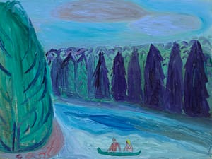 Colorful landscape painting depicting two figures in a canoe on a blue river surrounded by tall evergreen trees. The scene, painted by artist Axel Linderholm, is peaceful with vibrant shades of green, blue, and purple, evoking the tranquility of nature.
