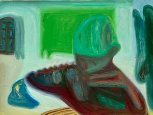 Abstract surreal painting with vibrant green, blue, and red hues. Featuring an organic, flowing shape of a boy next to a window-like shape. The boy's head is bent down, focusing on an unseen object in front of him. The mix of colors and textures creates a dreamy, otherworldly atmosphere.