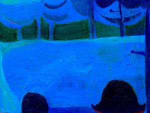 Impressionist-style painting using cool blue tones and abstract shapes, depicting two shadowed figures in an outdoor nighttime setting. The work's swirling brushstrokes suggest movement and emotional depth in the serene, open space.