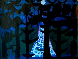 Axel Linderholm's abstract painting featuring blue and black hues. The bold geometrical shapes and a prominent moon capturing the nocturnal atmosphere of a Manchester park.