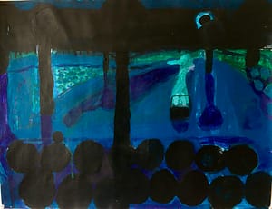 An abstract painting featuring blue, green and black hues. The bold geometrical shapes capturing the nocturnal atmosphere of a park in Manchester.