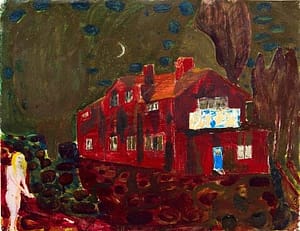 Abstract nocturnal painting titled pyromaniacs, with fiery red hues, depicting a Scandinavian Style house. A naked, blond woman stands in front of the house.