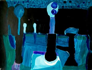 An abstract painting featuring blue and black hues. The bold geometrical shapes and pointillistic sky capturing the nocturnal atmosphere of a park.