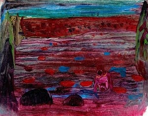 Colorful abstract painting of a diver in a red lake with rocks, suggesting an otherworldly atmosphere.