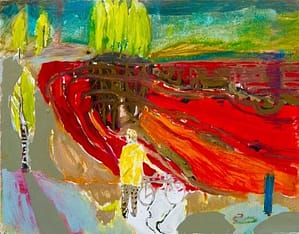 Colorful abstract painting of a person in a yellow raincoat with a bike from behind, facing a surreal landscape of swirling red, and yellow trees.